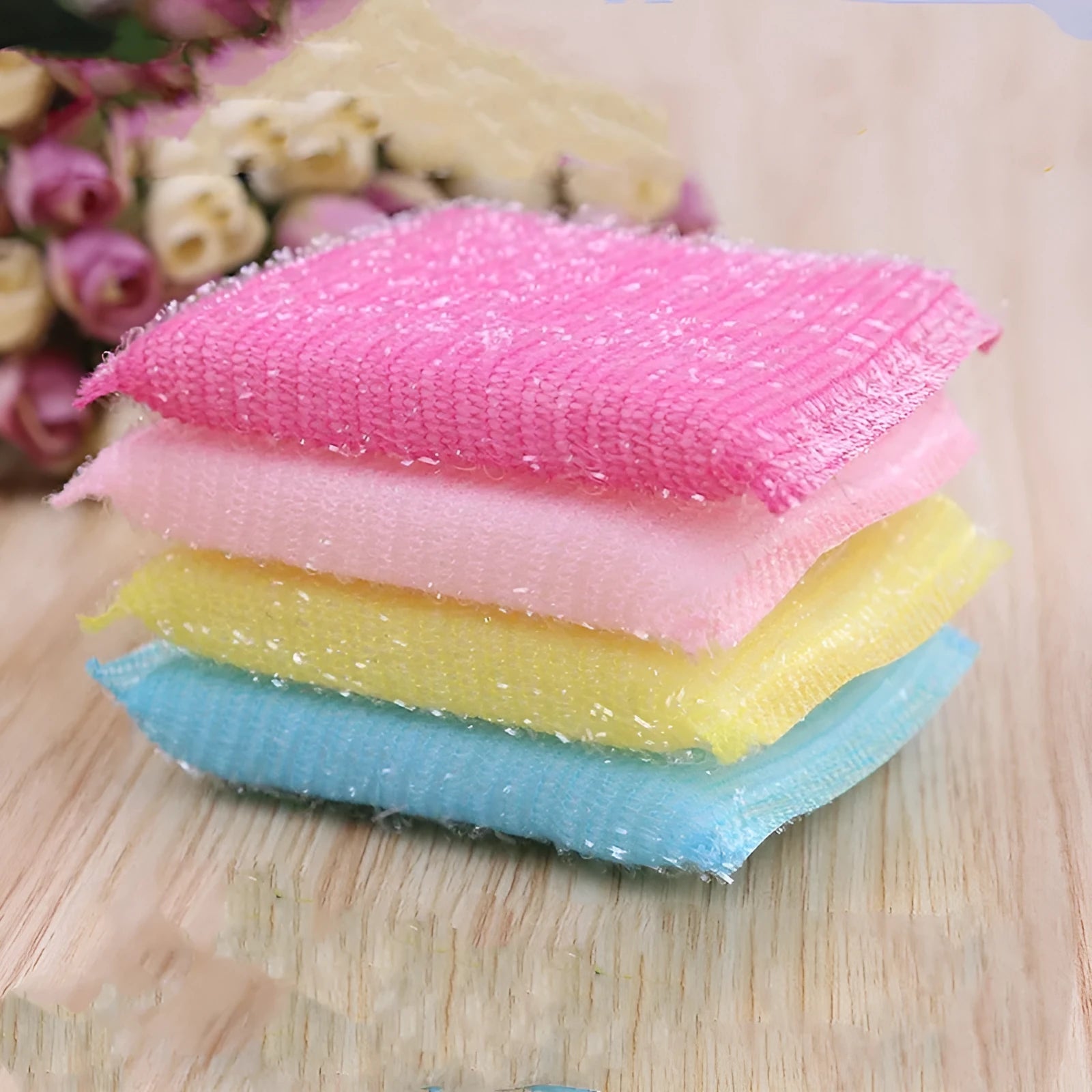 Macaron coloured pinstripe fabric sponge scrubbing mop for dishwashing measuring 12 by 8.5 centimetres