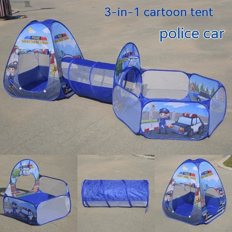 Children's three-in-one play tent with tunnel and ball pool in a cartoon submarine design.