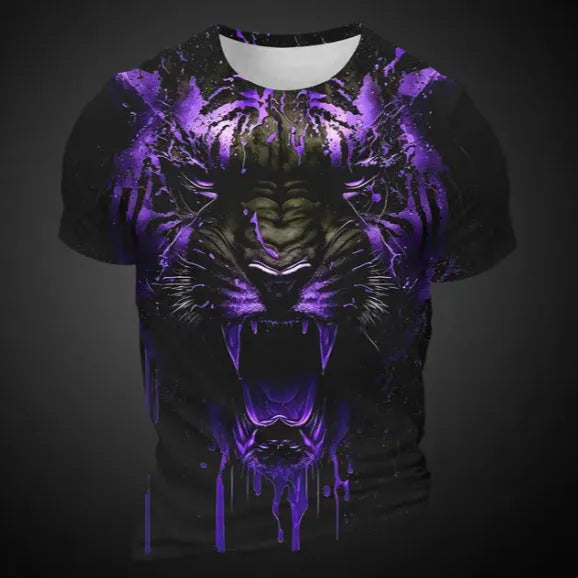 Men's 3D tiger pattern T-shirt in polyester with short sleeves showing digital printing detail
