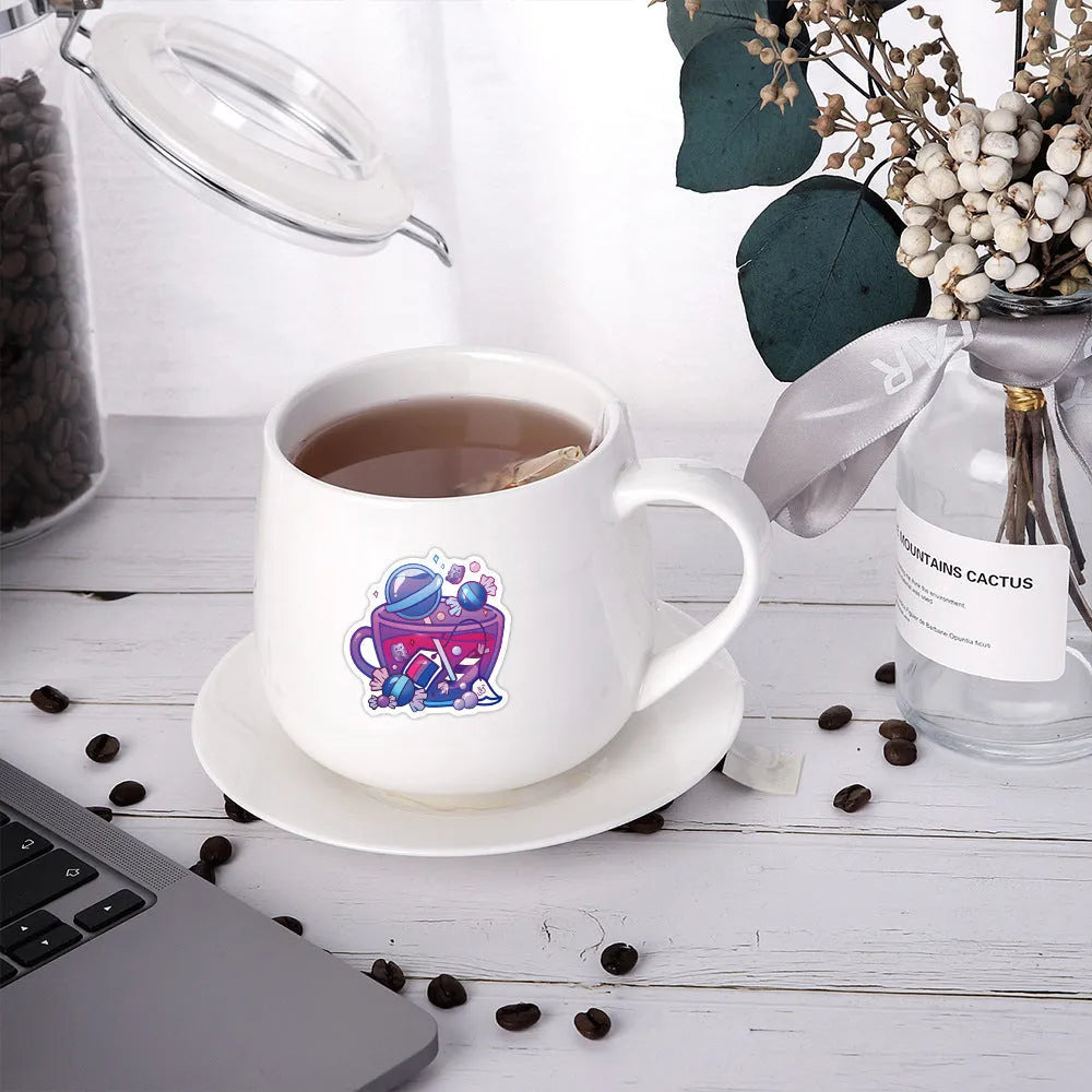 Colourful tea cup graffiti design waterproof stickers, 50-piece pack for scooter and luggage decoration.