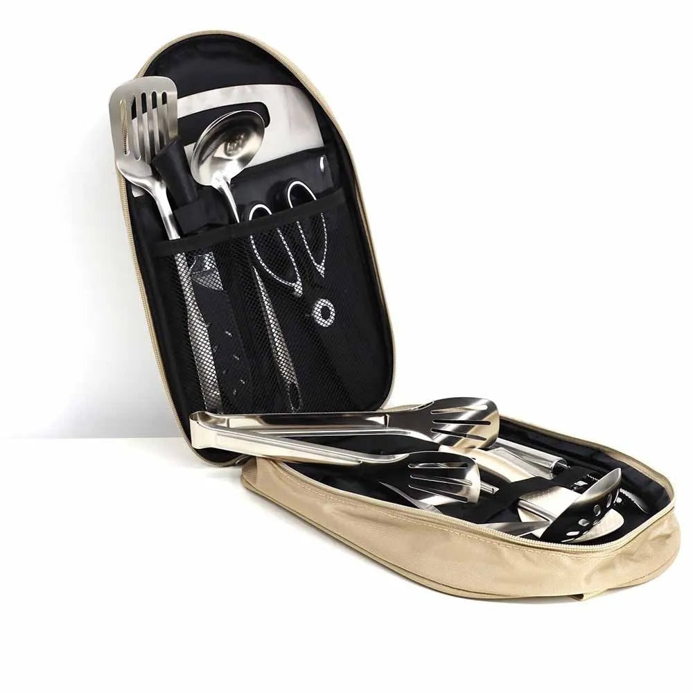 Picnic storage bag containing 12 stainless steel utensils for outdoor meals.