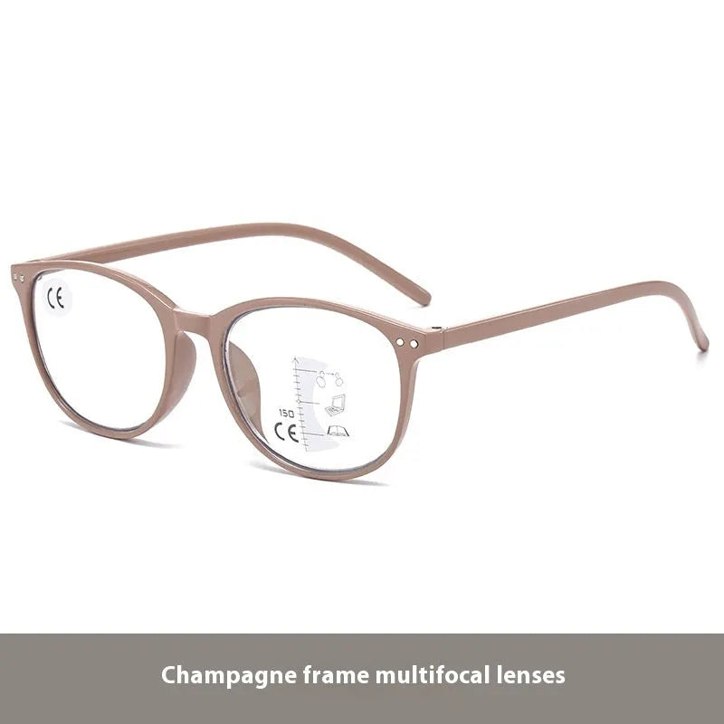 Woman wearing ultra-lightweight multi-focus presbyopic glasses with a black frame.