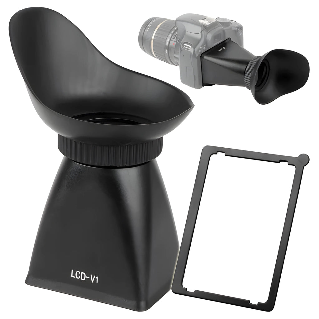 Black camera LCD viewfinder magnifier with magnetic mount attached to a DSLR screen.