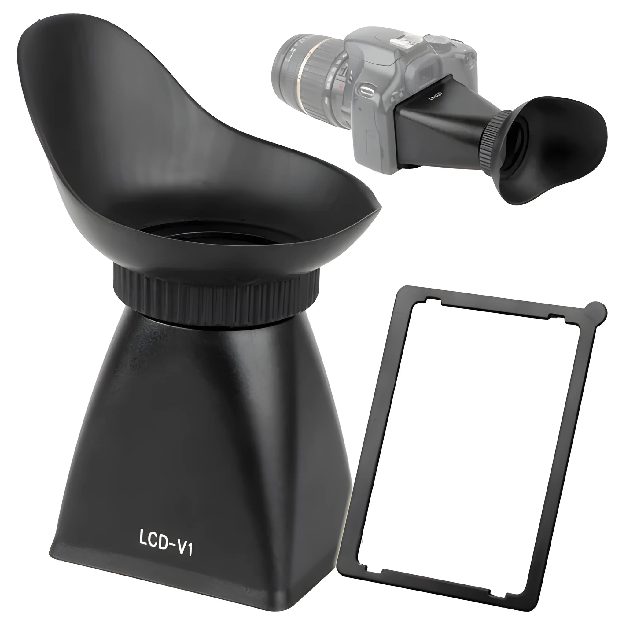 Black camera LCD viewfinder magnifier with magnetic mount attached to a DSLR screen.