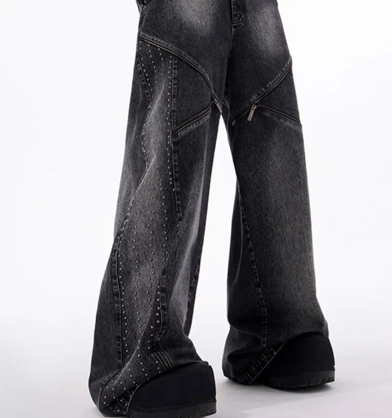 Wide leg cotton denim pants with structure zipper and worn finish in black and grey Korean style