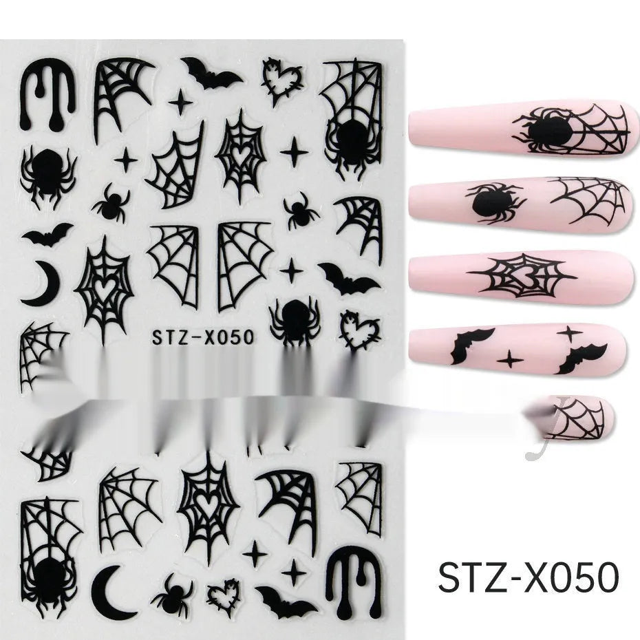 Pack of black and silver strip nail art stickers with cartoon and love pattern designs.