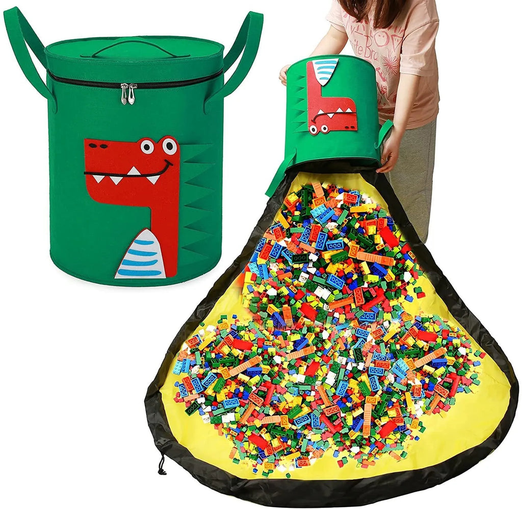 Green felt cube storage bag with pull rope shown as both a toy play mat and closed storage container