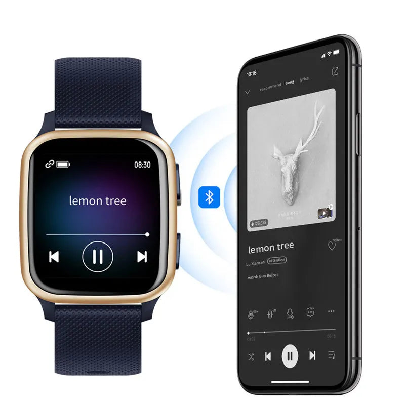Aluminium alloy smartwatch showing a black strap and watch face with health tracking display.