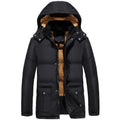 Black men's hooded winter padded jacket with velvet lining and double-breasted front.