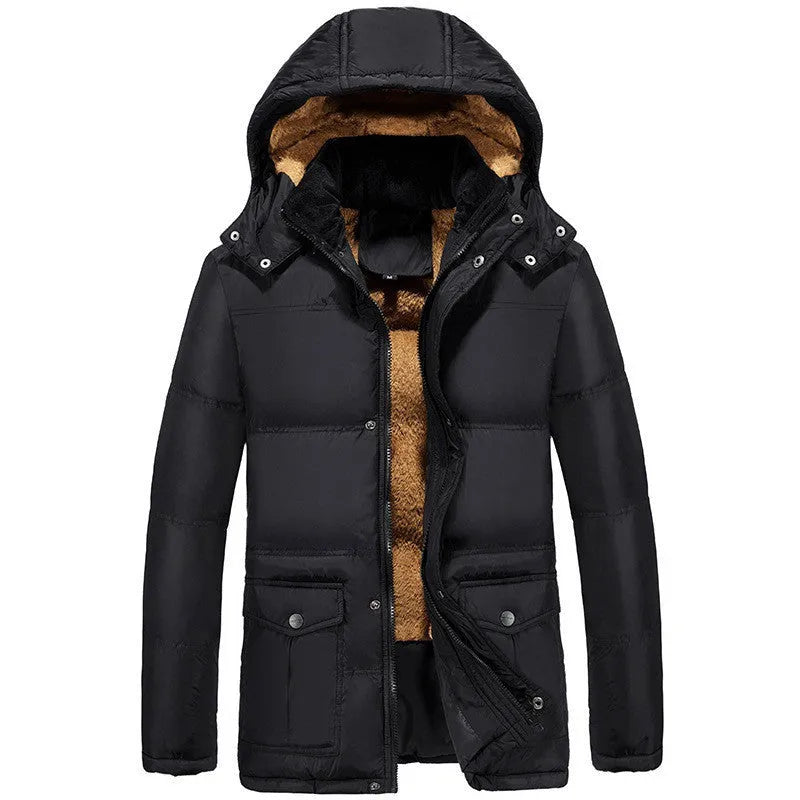 Black men's hooded winter padded jacket with velvet lining and double-breasted front.