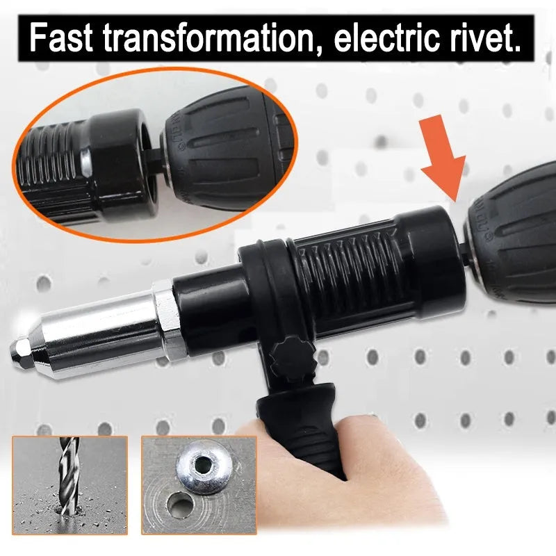 Black metal electric drill rivet gun attachment with alloy steel head, 173mm long, shown with handle and wrench.