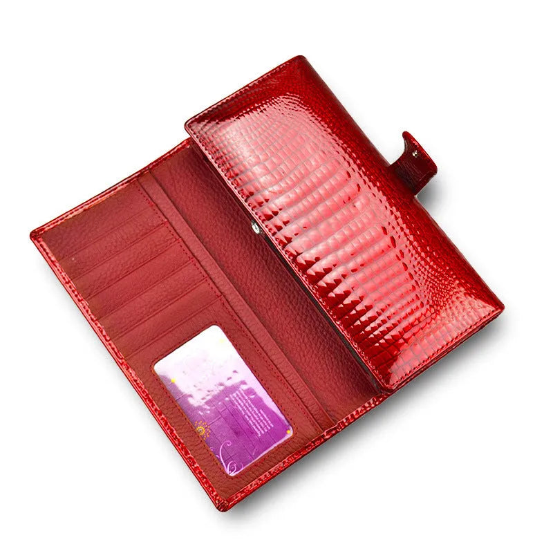 Women's genuine leather coin purse with crocodile pattern detailing in red, wine red, and black colour options