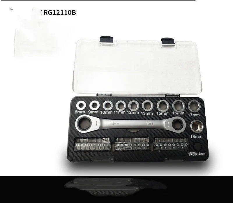 Dual-purpose ratchet wrench set with sockets and batch heads on grey background