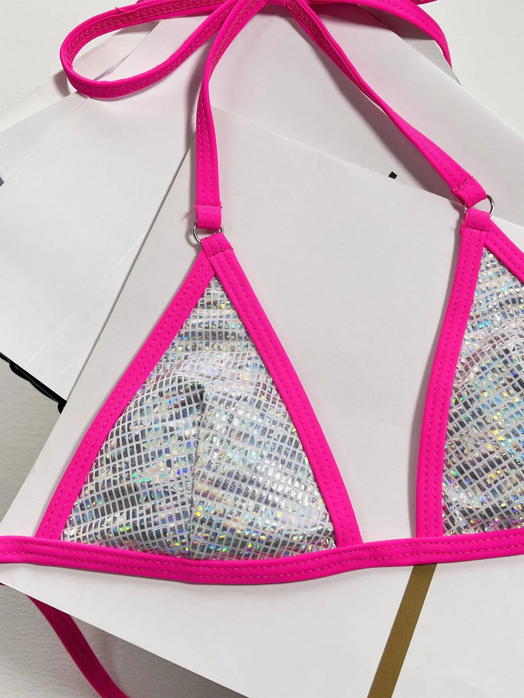 Silver women's split triangle swimsuit showing front design and solid colour