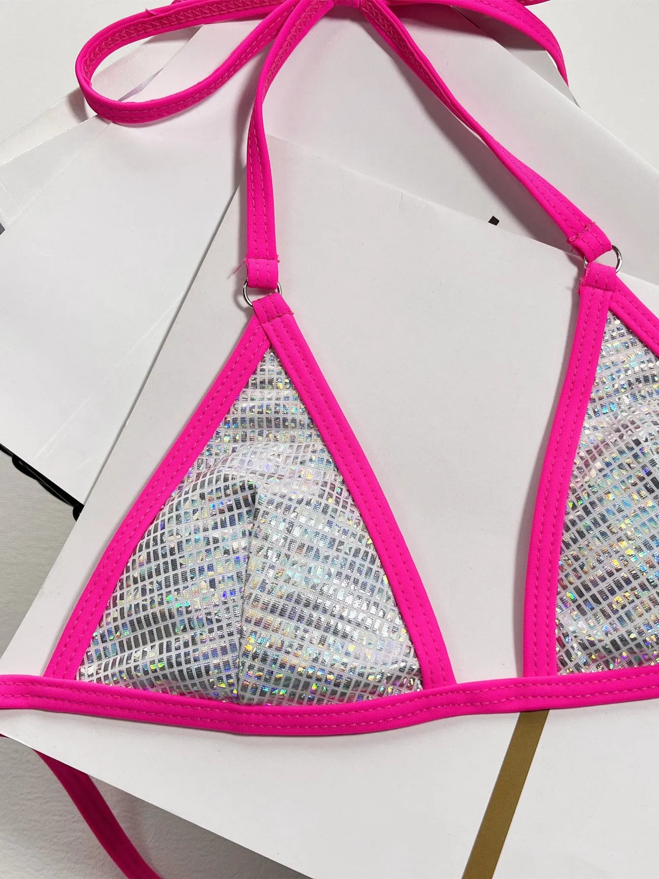 Silver women's split triangle swimsuit showing front design and solid colour