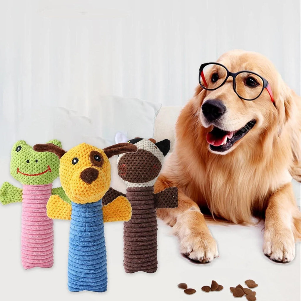 Squeaky stuffed dog toy in calf, frog, or puppy shape measuring 19x5cm