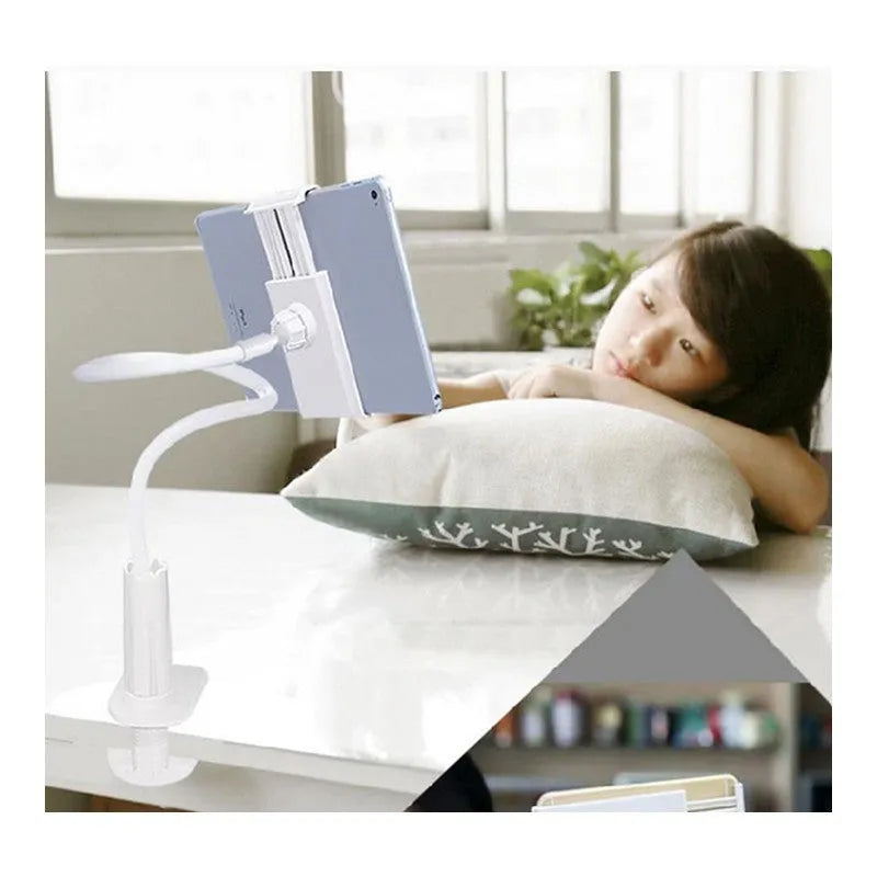 Black flexible tablet holder with bendy arm and suction base mounted on a desk
