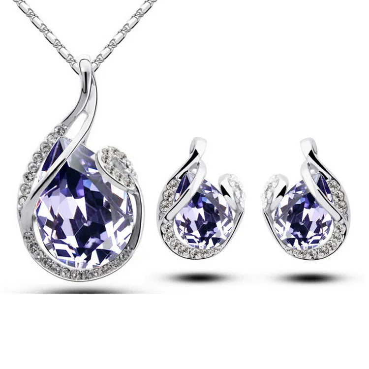 3pcs rhinestone necklace set with earrings, water-drop-shaped alloy electroplated jewellery, blue colour, 21-50cm adjustable chain