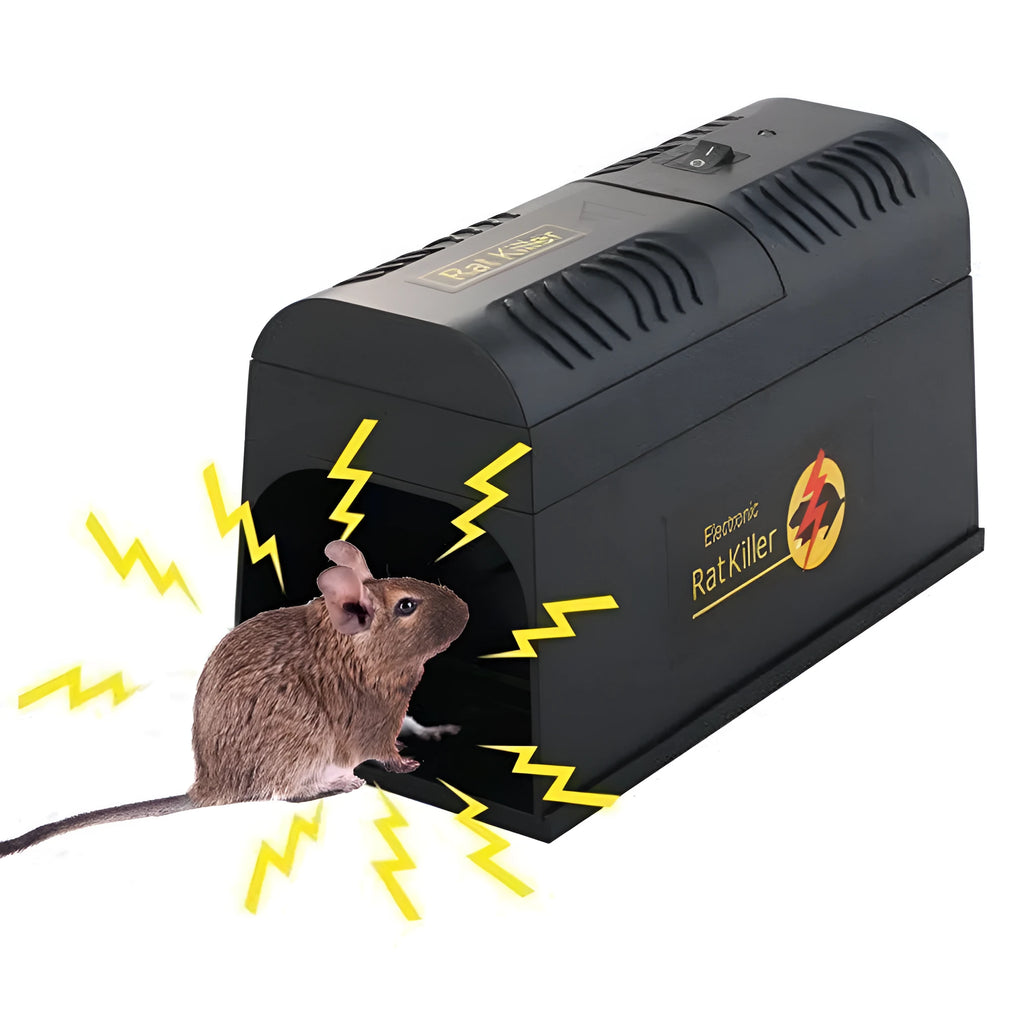 Black high voltage electronic rodent repellent unit with choice of UK, EU, or US plug.