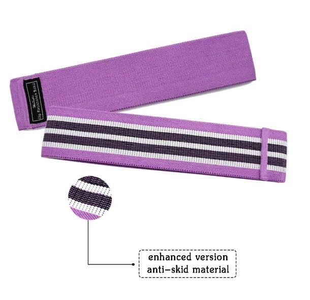 Set of three fabric resistance bands in lake blue, pink, and purple with a mesh storage bag.