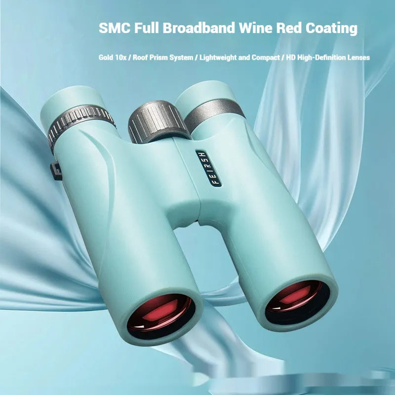Blue and grey 10x32 plastic binoculars with wine red film imaging on the lenses.