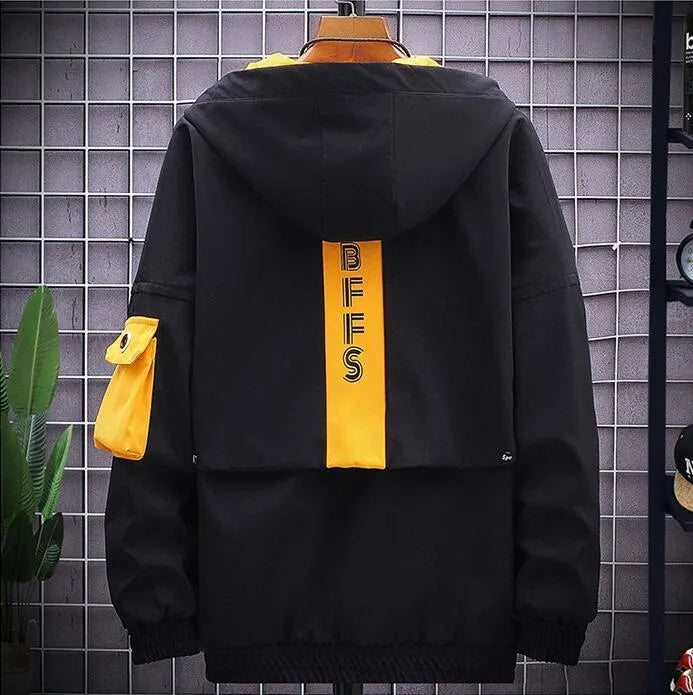 Men's thickened casual hooded coat in black, front view, polyester fibre fabric