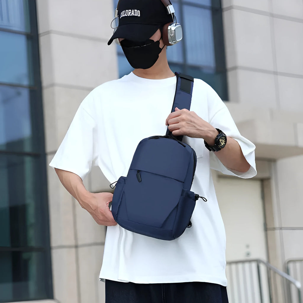 Men's grey waterproof chest bag with large capacity dimensions shown