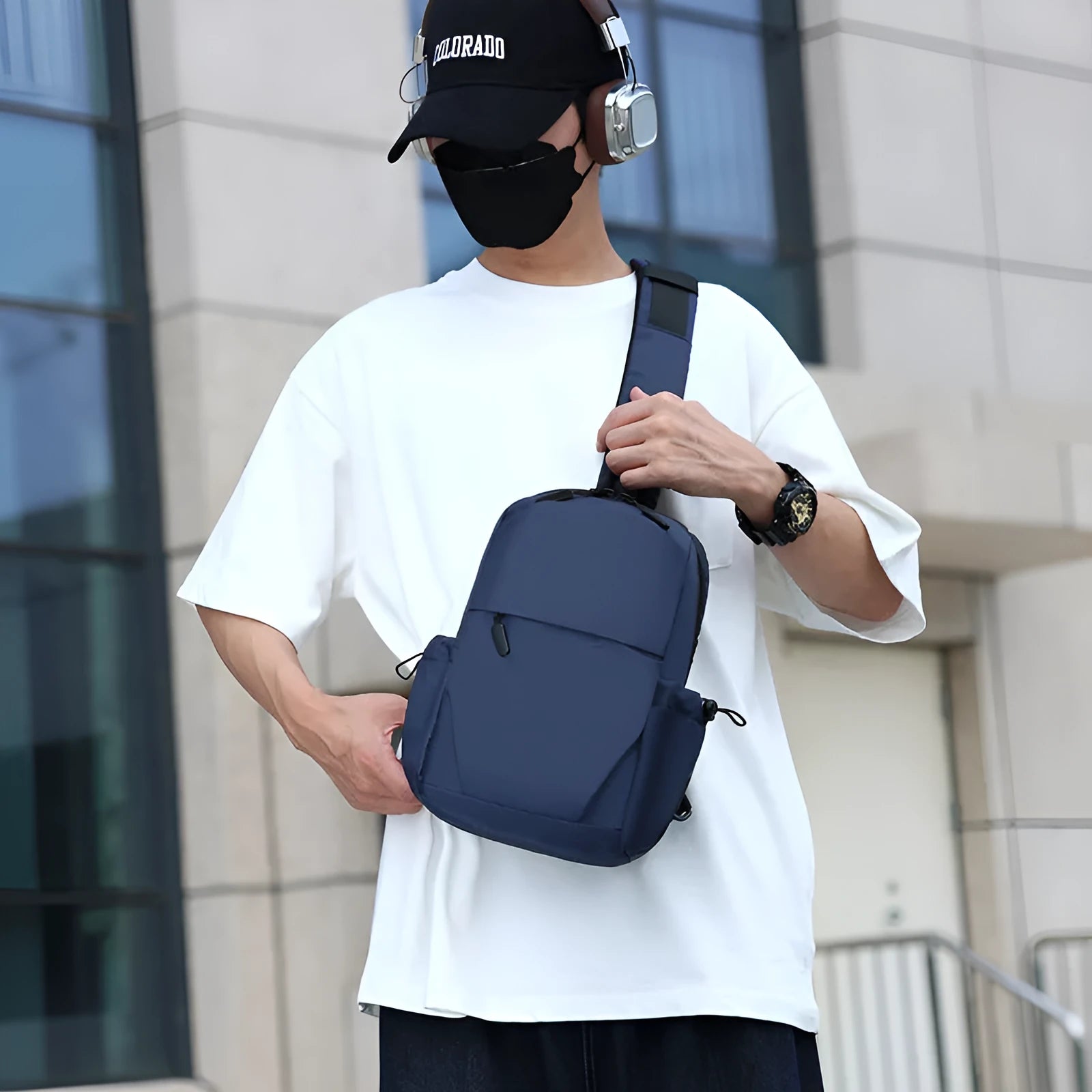 Men's grey waterproof chest bag with large capacity dimensions shown
