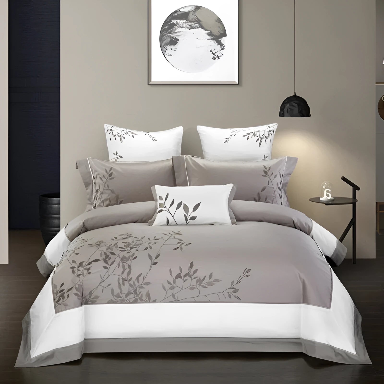 Cotton embroidery bedding set showing satin weave texture and embroidery pattern detail