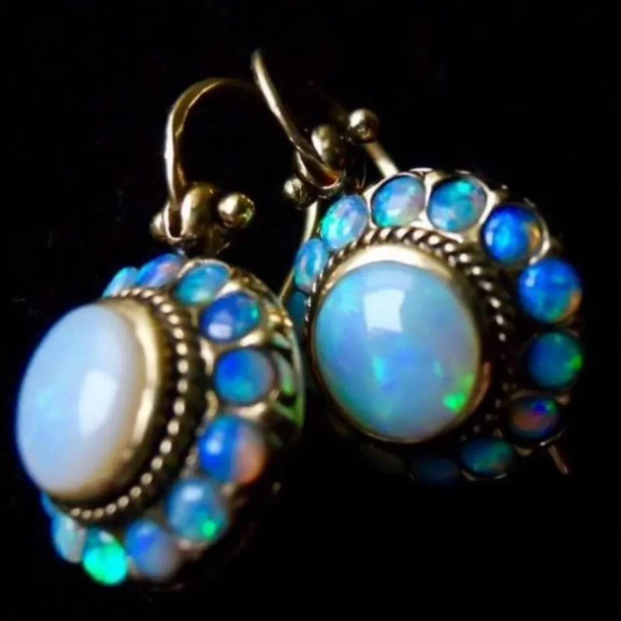 Retro exaggerated ethnic style earrings, geometric copper, gold colour, opal treatment