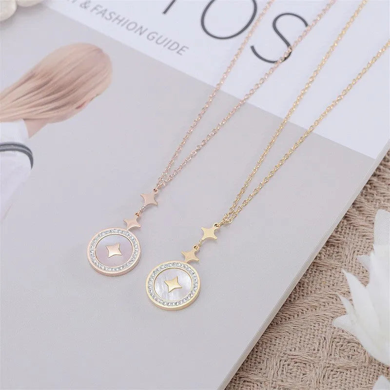 Titanium steel necklace with six-pointed star diamond pendant on adjustable O-ring chain