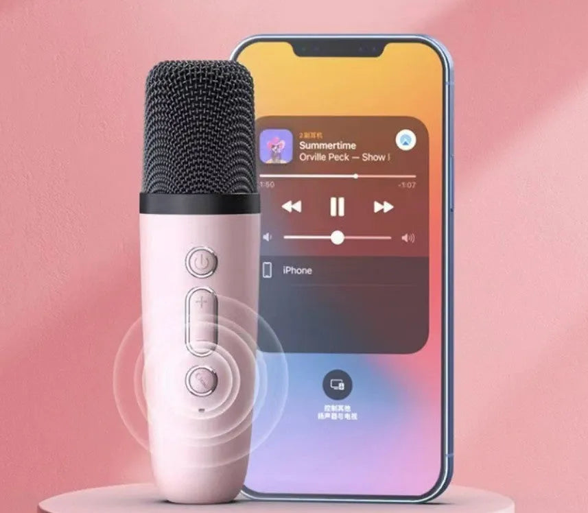 Portable Bluetooth karaoke microphone with colourful LED lights in pink, sky blue, or white colour options