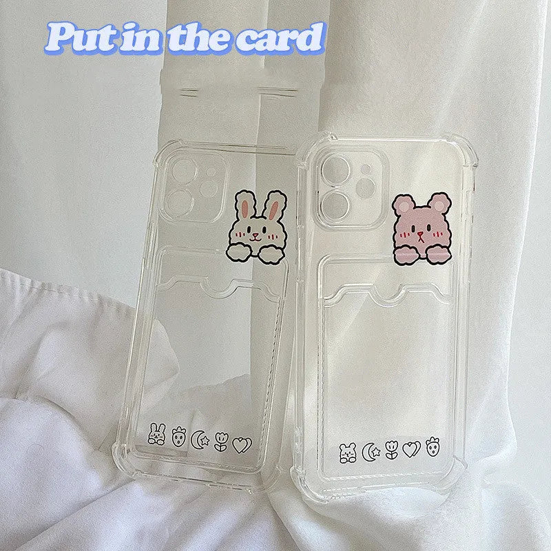 Clear cartoon design TPU phone case with integrated card slot for iPhone, showing BQ2472 colour option.