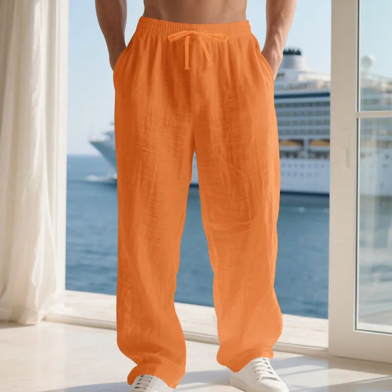 Men's linen solid colour loose fit wide leg drawstring beach trousers, straight cut, summer casual wear