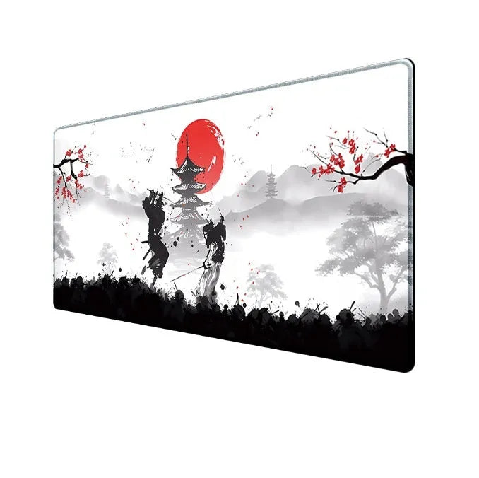 Japanese Samurai design gaming mouse pad on a desk, showing cloth surface and non-slip base.