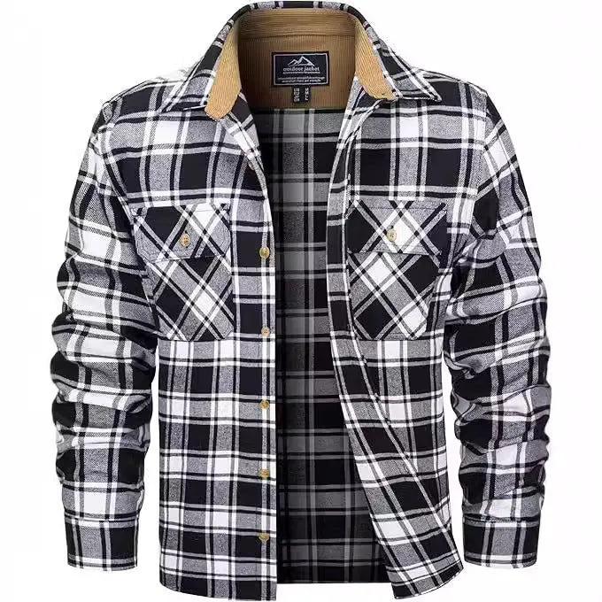 Men's flannel button shirt showing plaid pattern in multiple colour options with button-front design