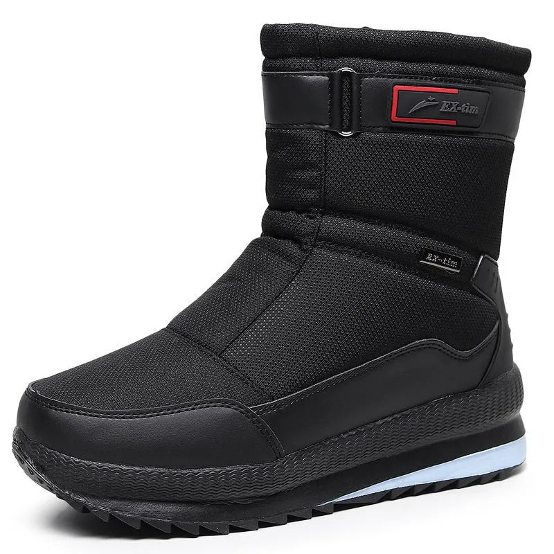 Men's waterproof snow boots with fleece lining, canvas upper, side zipper, and mid heel in multiple winter colours