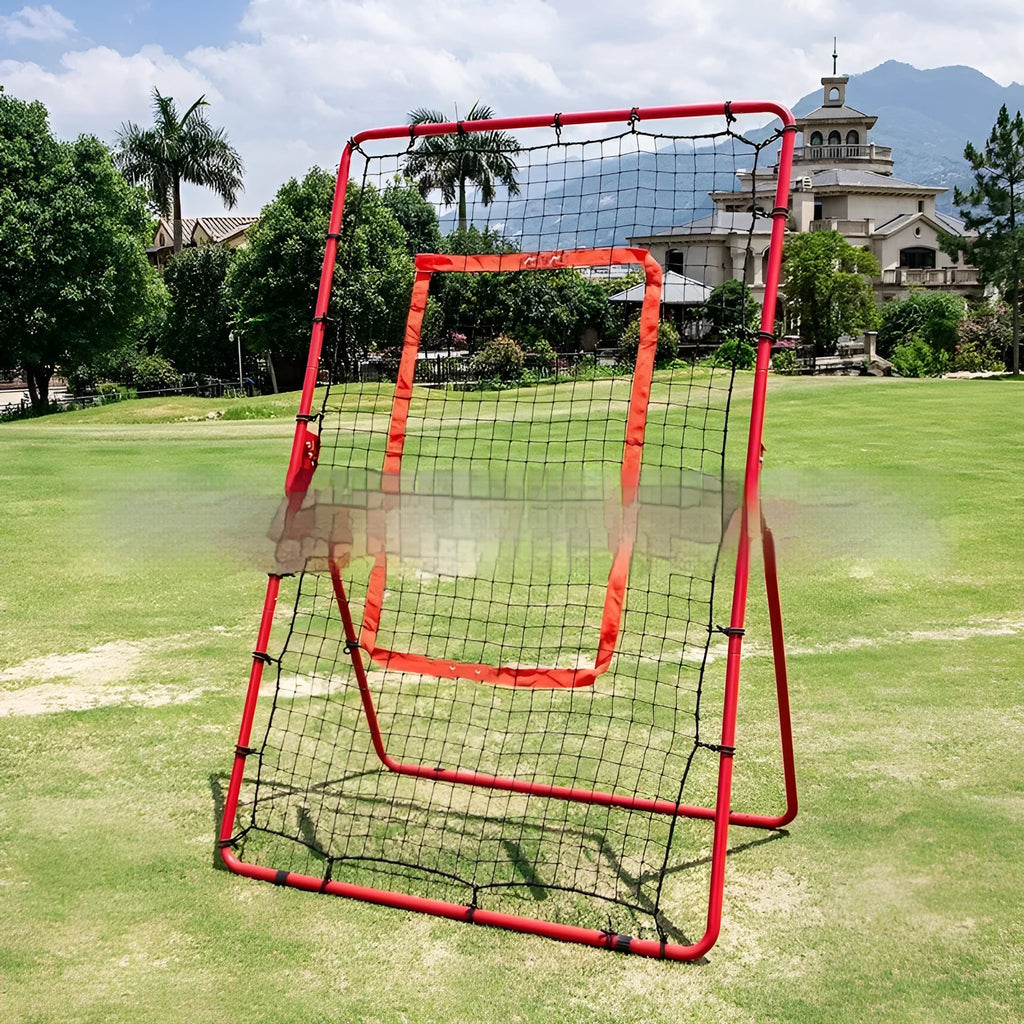 Red baseball training net with metal frame shown in packed position measuring 95cm long