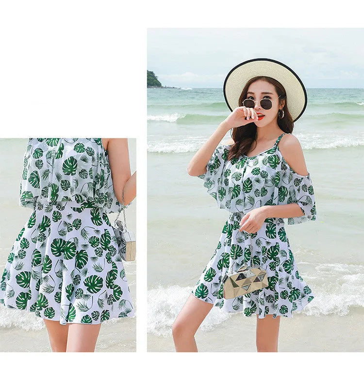 Women's printed one-piece swimsuit in polyester with green leaf or black letter style options