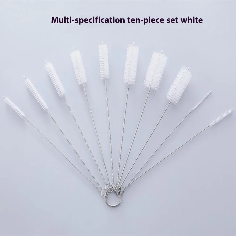 Nylon cleaning brush set with stainless steel handle for reusable straws, black and white options