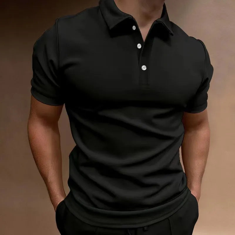 Men's grey cotton blend button t-shirt with short sleeves and a loose fit on a hanger.