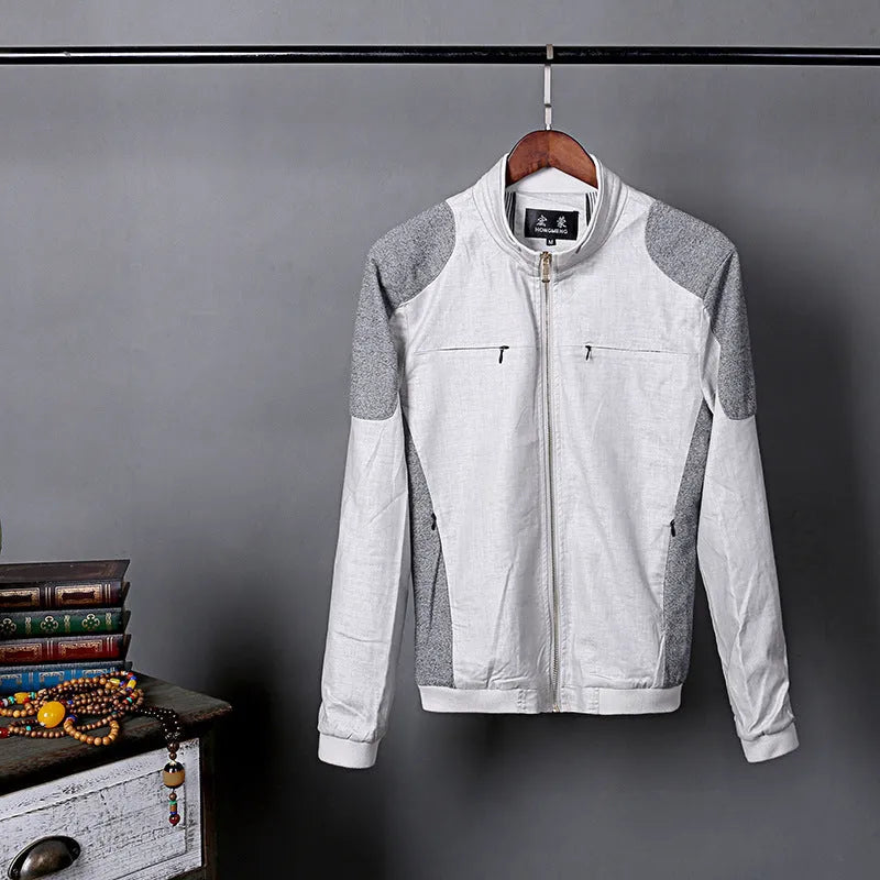 Men's thin blue cotton linen jacket with long sleeves, shown on a hanger.