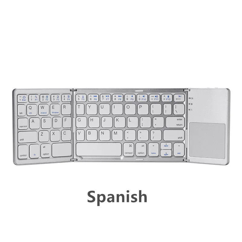 Black tri-fold Bluetooth keyboard unfolded showing keyboard keys and touchpad