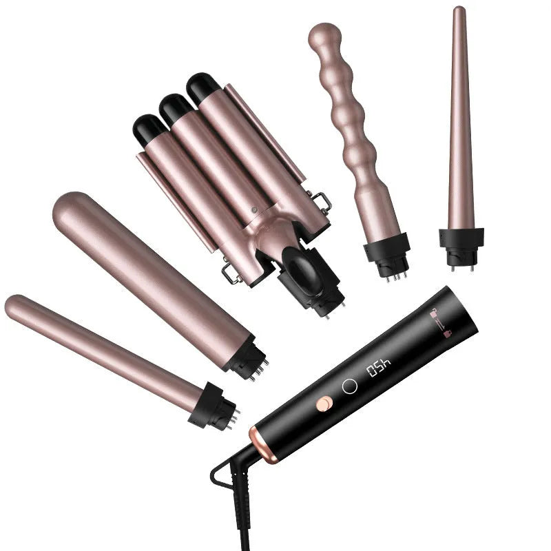 Rose gold five-in-one hair curler with LCD screen and heat-resistant gloves