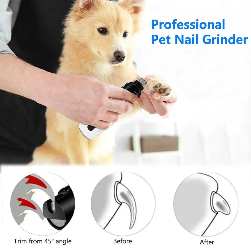Electric dog nail grinder with LCD screen showing speed settings, UK plug, and dust collection port.