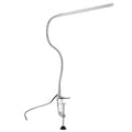 Silver aluminium alloy LED clip-on table lamp with long adjustable arm for nail art lighting.
