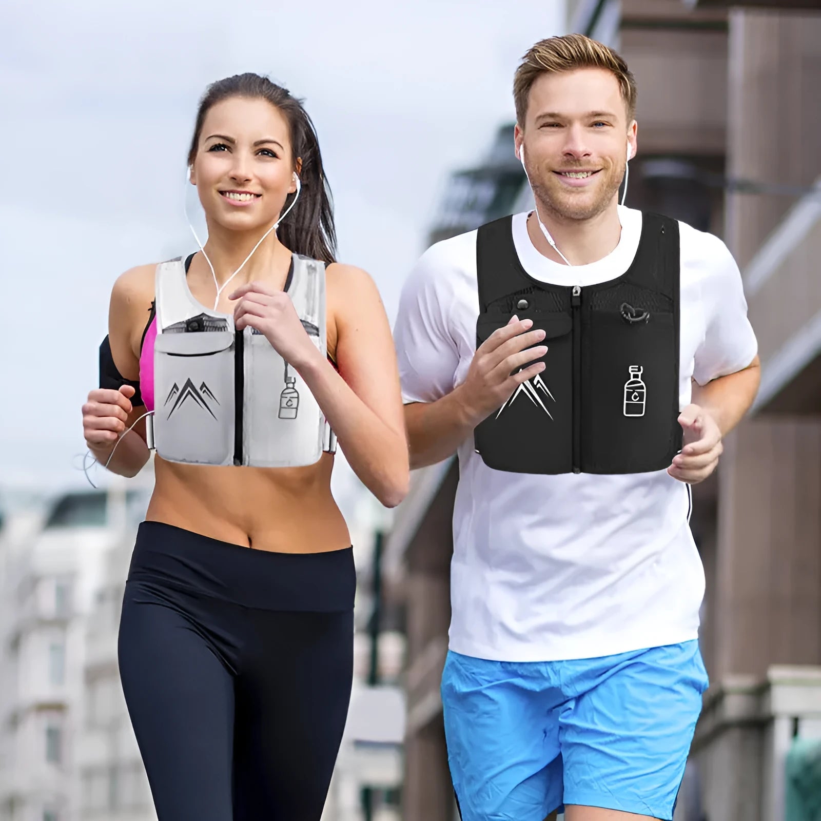 Classic black sports running vest with breathable mesh fabric and a front mobile phone pocket.