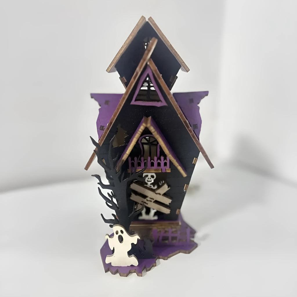 Unassembled DIY wooden haunted house Halloween decoration kit with glowing colour details.