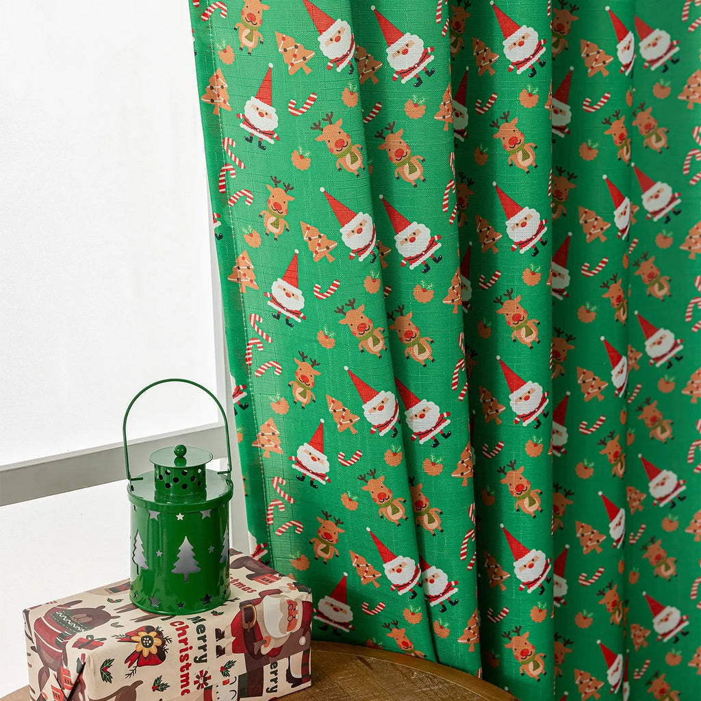 Green and red snowman angel print Christmas curtain with windproof semi-sun shade function