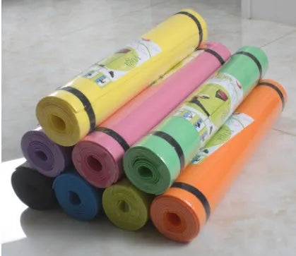 EVA yoga mat in blue showing thickness options of 4mm and 6mm with non-slip texture